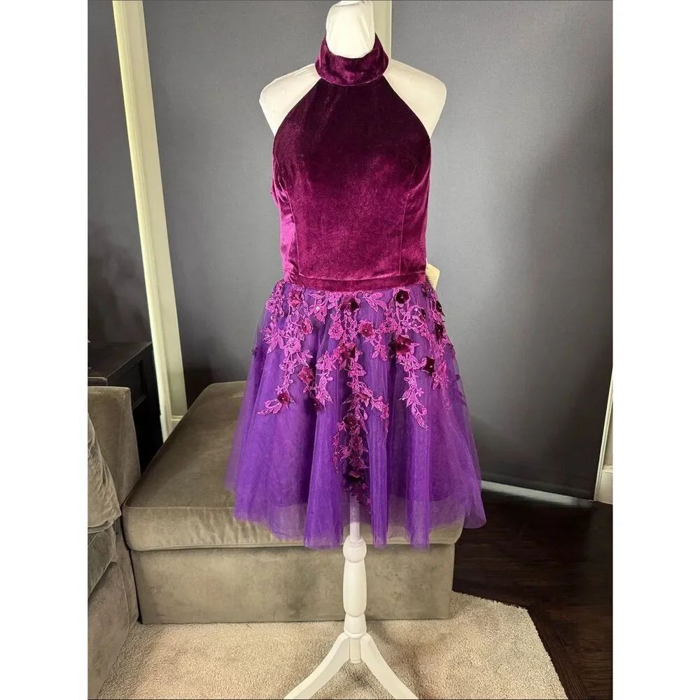 Women’s Velvet Halter Purple Party Dress Floral Tulle Skirt Size M NWT